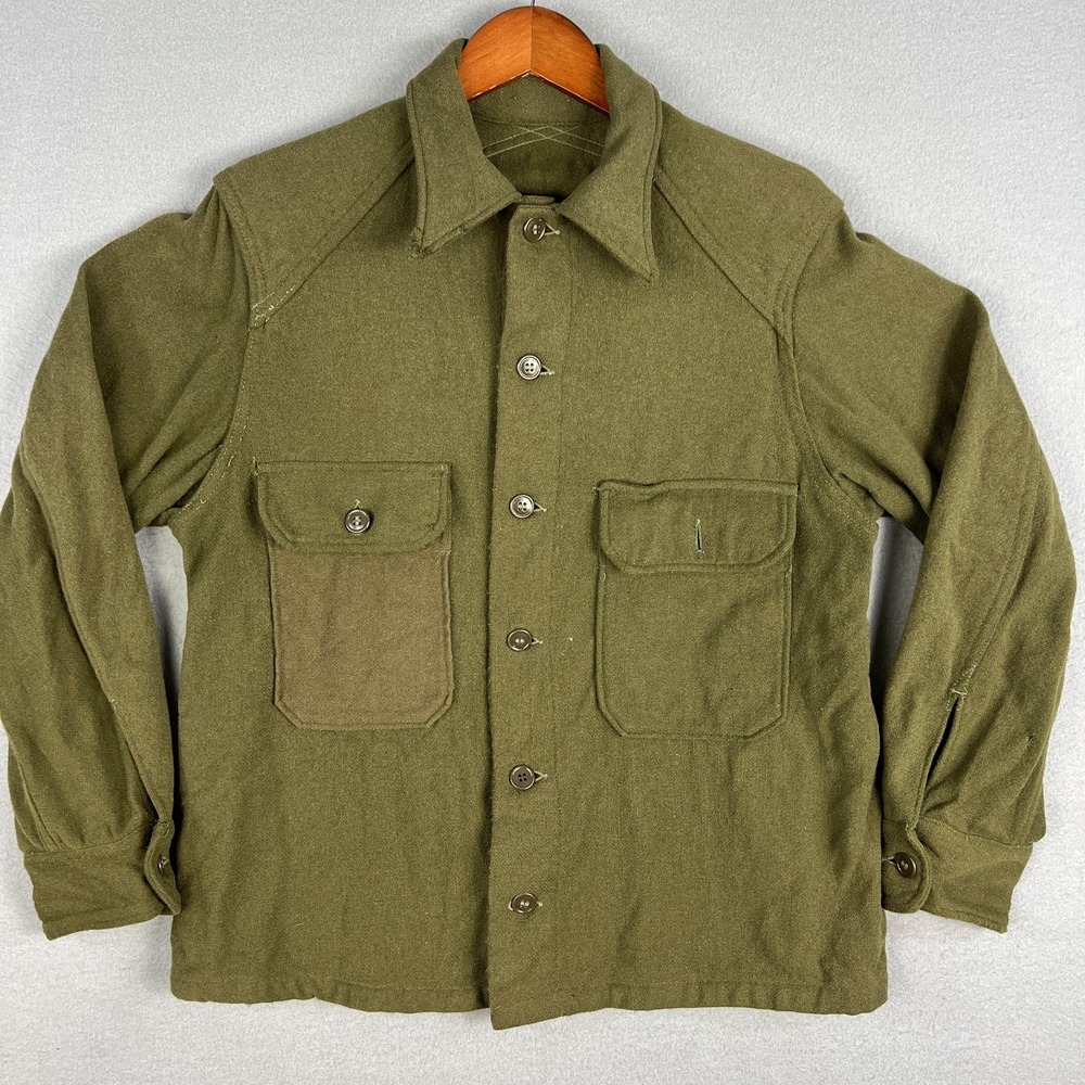 VTG Olive Wool Field Shirt Fits Medium M51 Military Style Button Front 1950s